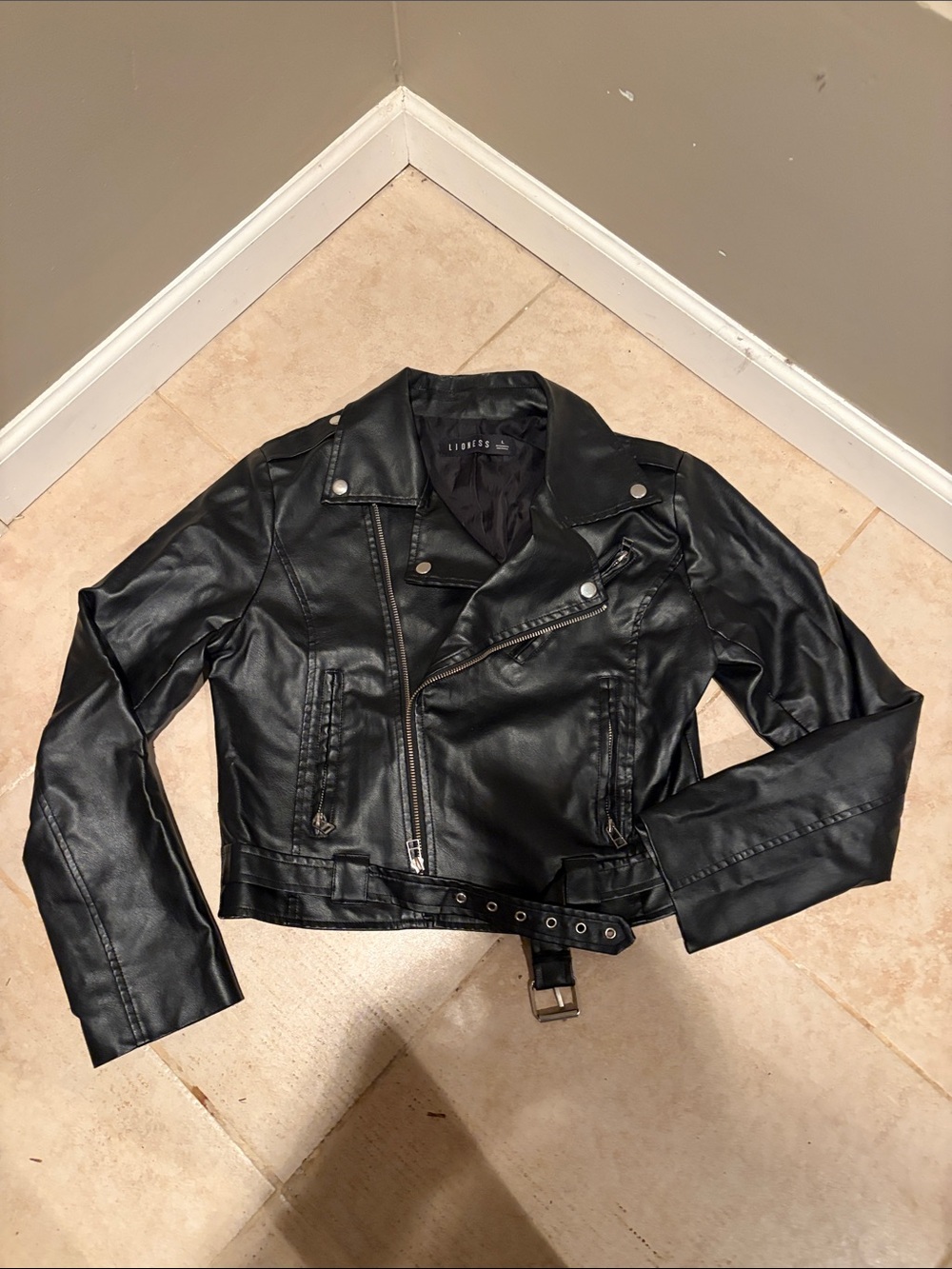Classic Black Faux Leather Moto Jacket with Belted Hem